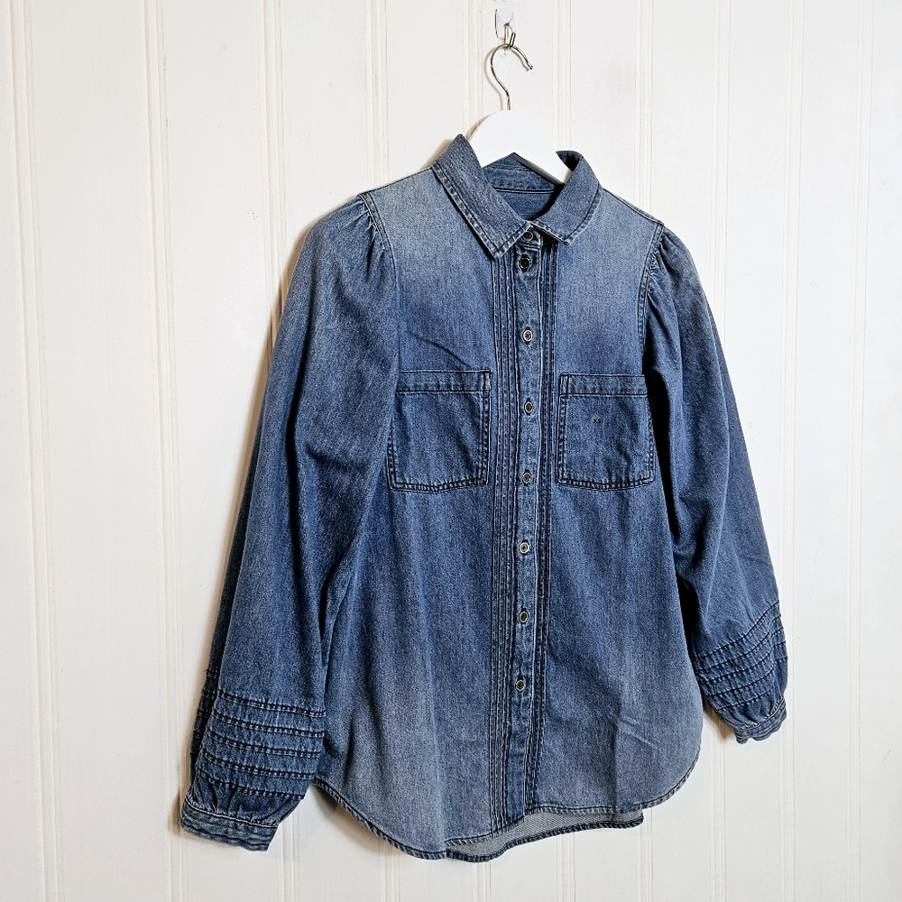 NWT American Eagle Denim Shirt XS Puff Sleeve Pintuck Button Down Blue Cotton To